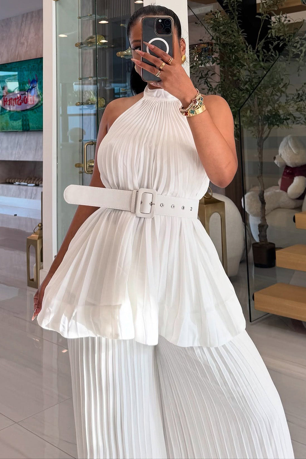 Pleated Halter Backless Top Ruffle Wide Leg Pants 2pcs Set-White [Pre Order]