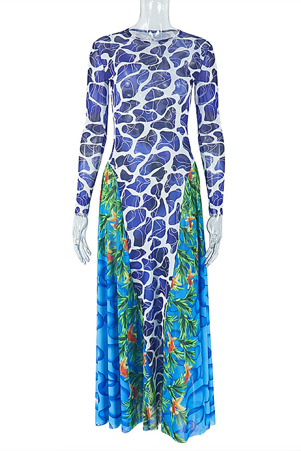 Floral Mixed Print Long Sleeve Colorblock Maxi Dresses-Blue