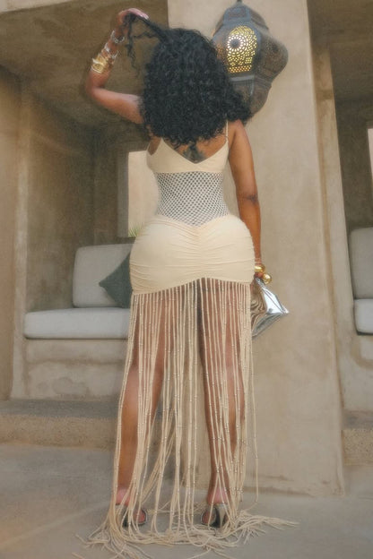 V Neck Fishnet Patchwork Fringe Hem Party Slip Maxi Dresses-Beige [Pre Order]
