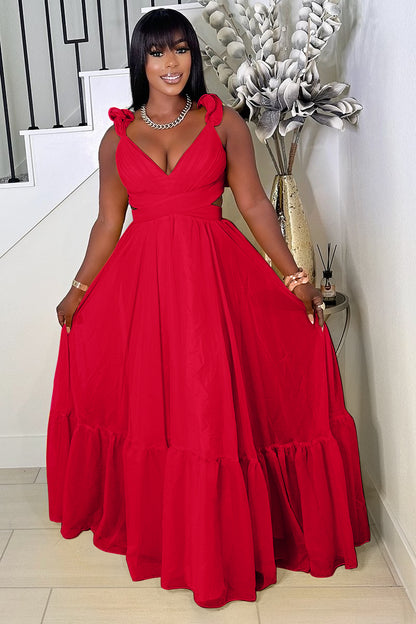 Ruffled Lace Up Backless Deep V Neck Tiered Maxi Dresses