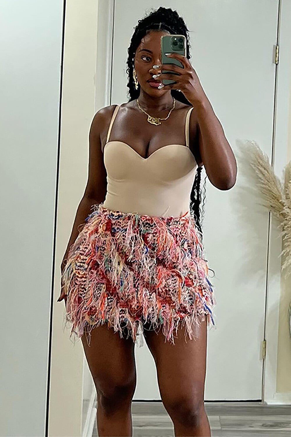 Multicolor Fringed Design Bodycon Mini Skirt-Pink