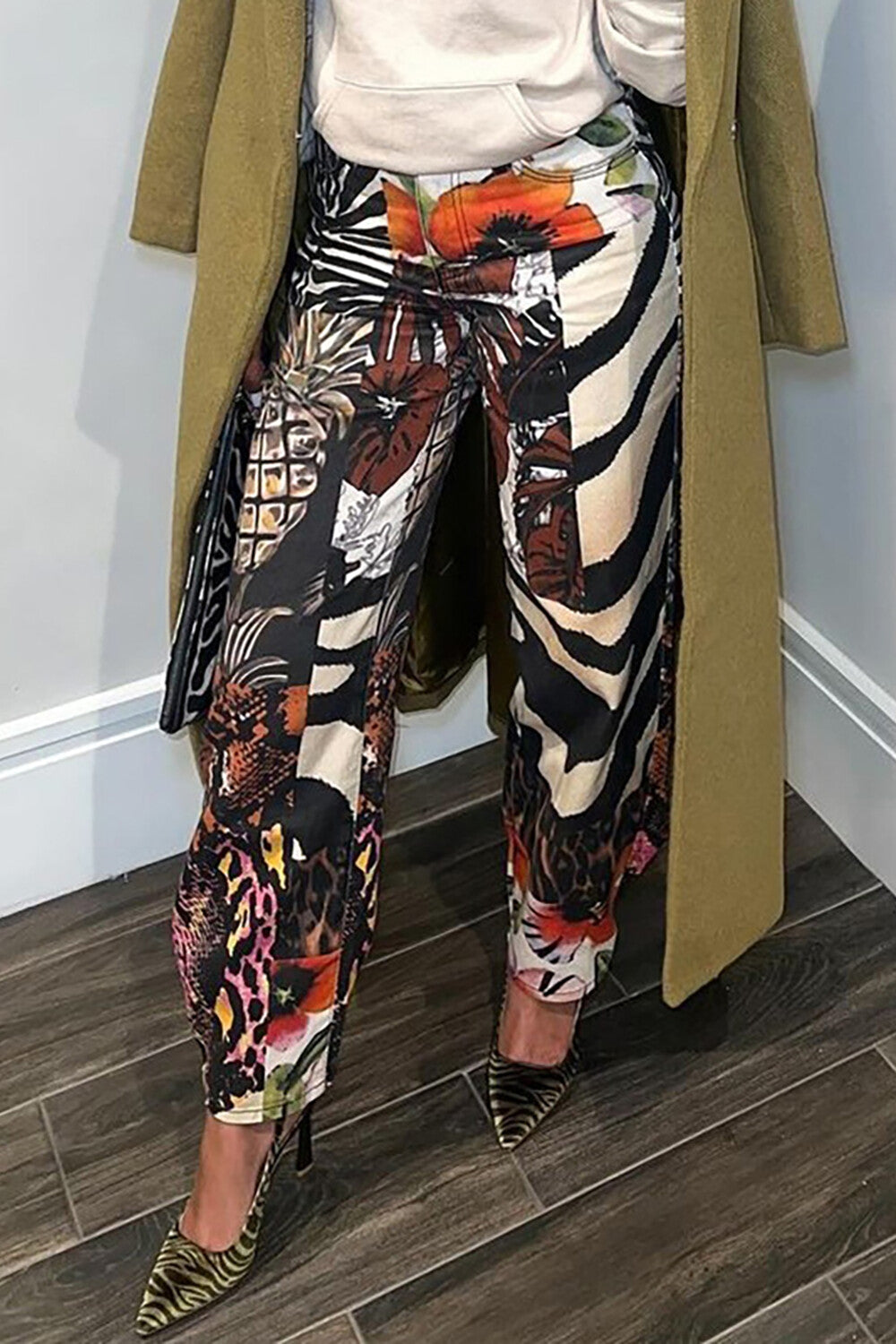 Fruits Animal Mixed Print Wide Leg Casual Pants-Black