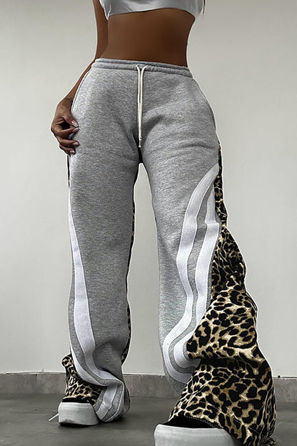 Leopard Print Striped Wide Leg Casual Pants-Beige