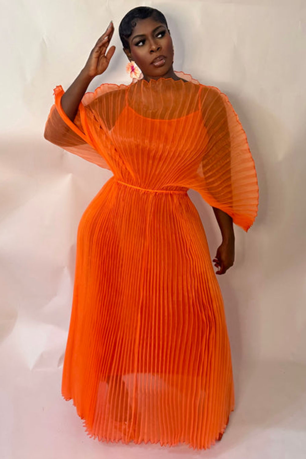 Pleated Mesh Layered Bat-Wing Sleeve Cami Maxi Dresses-Orange [Pre Order]