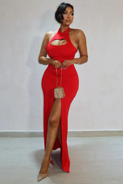Halter Sleeveless Cutout Slit Slim-Fit Party Maxi Dresses-Red [Pre Order]