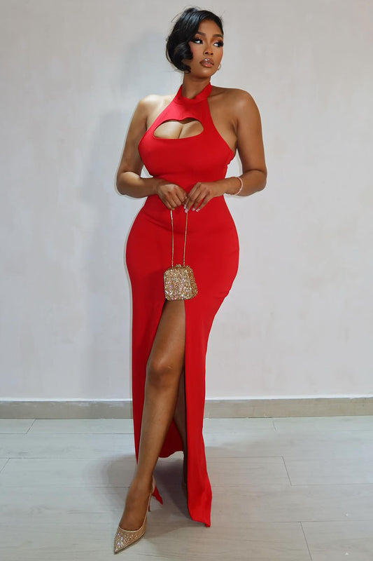 Halter Sleeveless Cutout Slit Slim-Fit Party Maxi Dresses-Red [Pre Order]