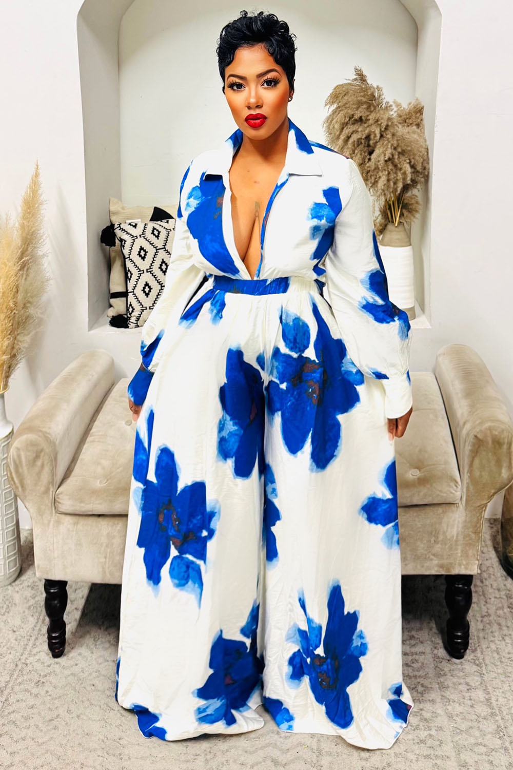 Watercolor Floral Print Blouse Wide Leg Pants 2pcs Set-White [Pre Order]