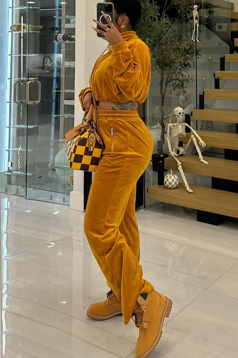 Zipper Jacket Drawstring Quilted Pants Velvet 2pcs Set-Yellow