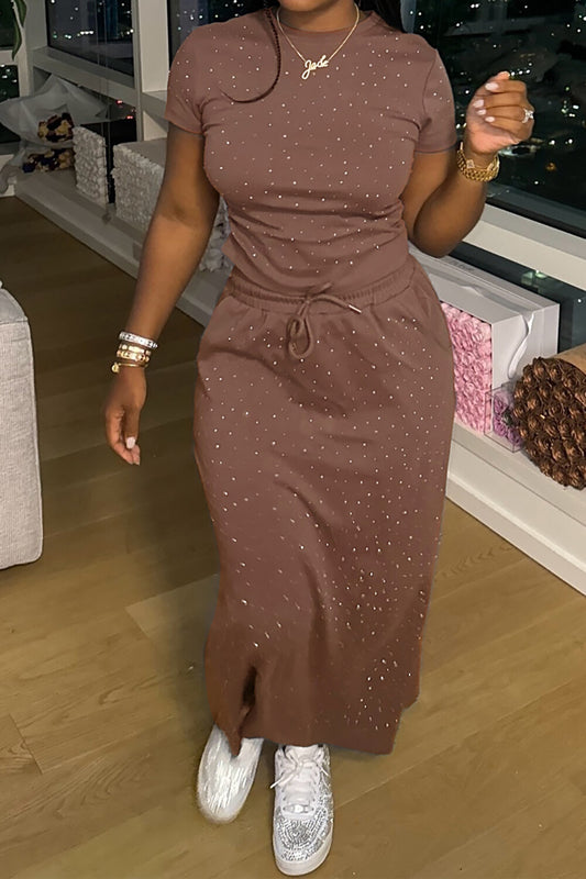 Hot Drilling Short Sleeve T-shirt Tie Up Bodycon Maxi Skirt 2pcs Set-Brown