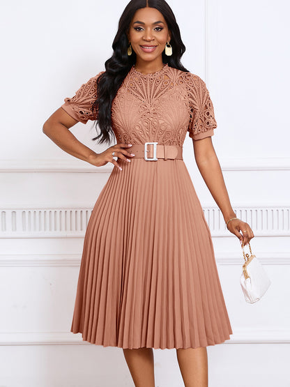 Women's Short-Sleeved Lace Stitching Pleated Dress Cross-Border Dress