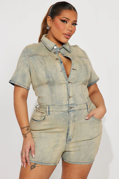 Distressed Denim Turndown Collar Short Sleeve Button Up Playsuit Romper-Blue
