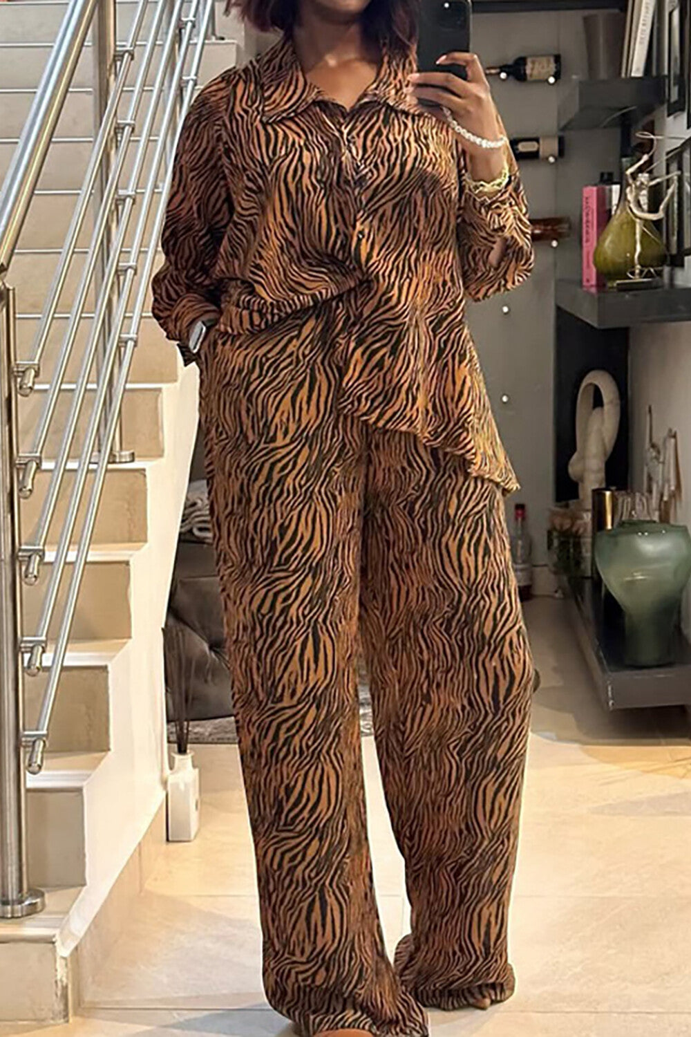 Zebra Pattern Long Sleeve Blouse Wide Leg Pants Matching Set-Brown