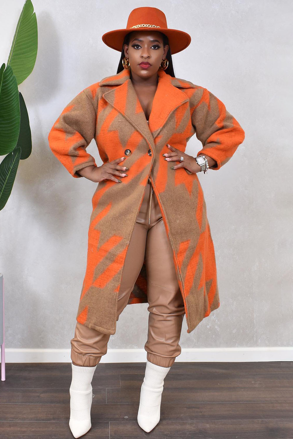 Lapel Collar Long Sleeve Pattern Woolen Long Coat-Orange [Pre Order]