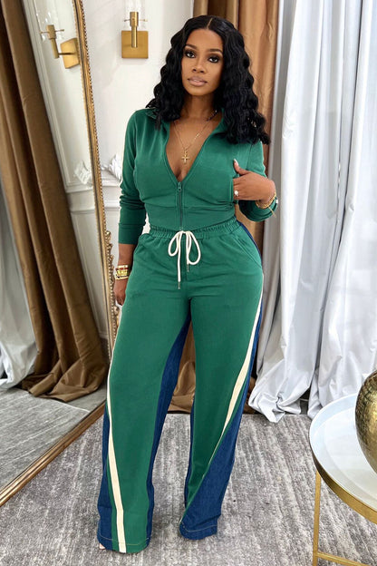 Zipper Pocket Crop Track Jacket Denim Patchwork Tie Up Pants 2pcs Set-Green