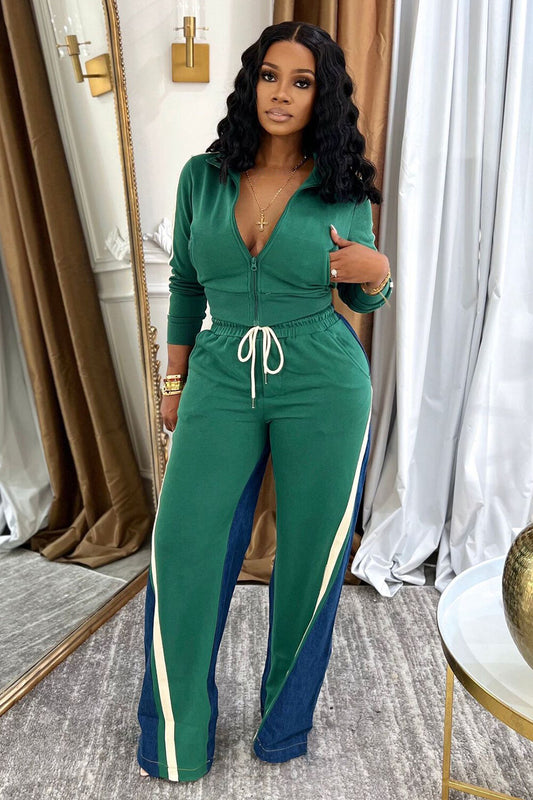 Zipper Pocket Crop Track Jacket Denim Patchwork Tie Up Pants 2pcs Set-Green