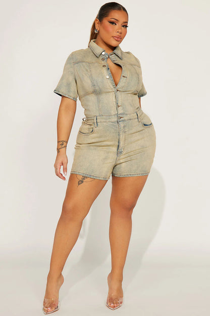 Distressed Denim Turndown Collar Short Sleeve Button Up Playsuit Romper-Blue