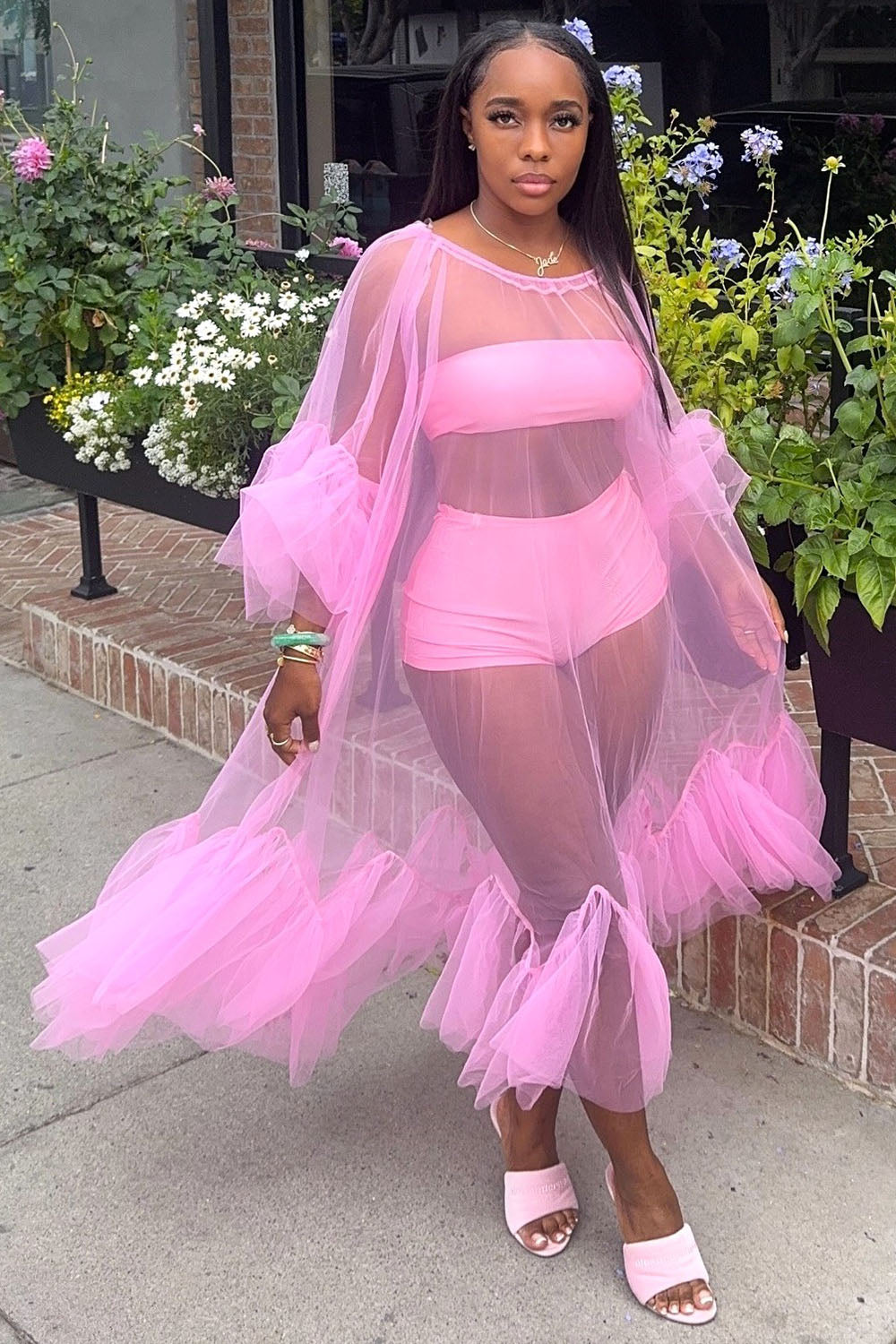 Mesh Ruffle Maxi Dresses Tube Top Shorts Party 3pcs Set-Pink [Pre Order]
