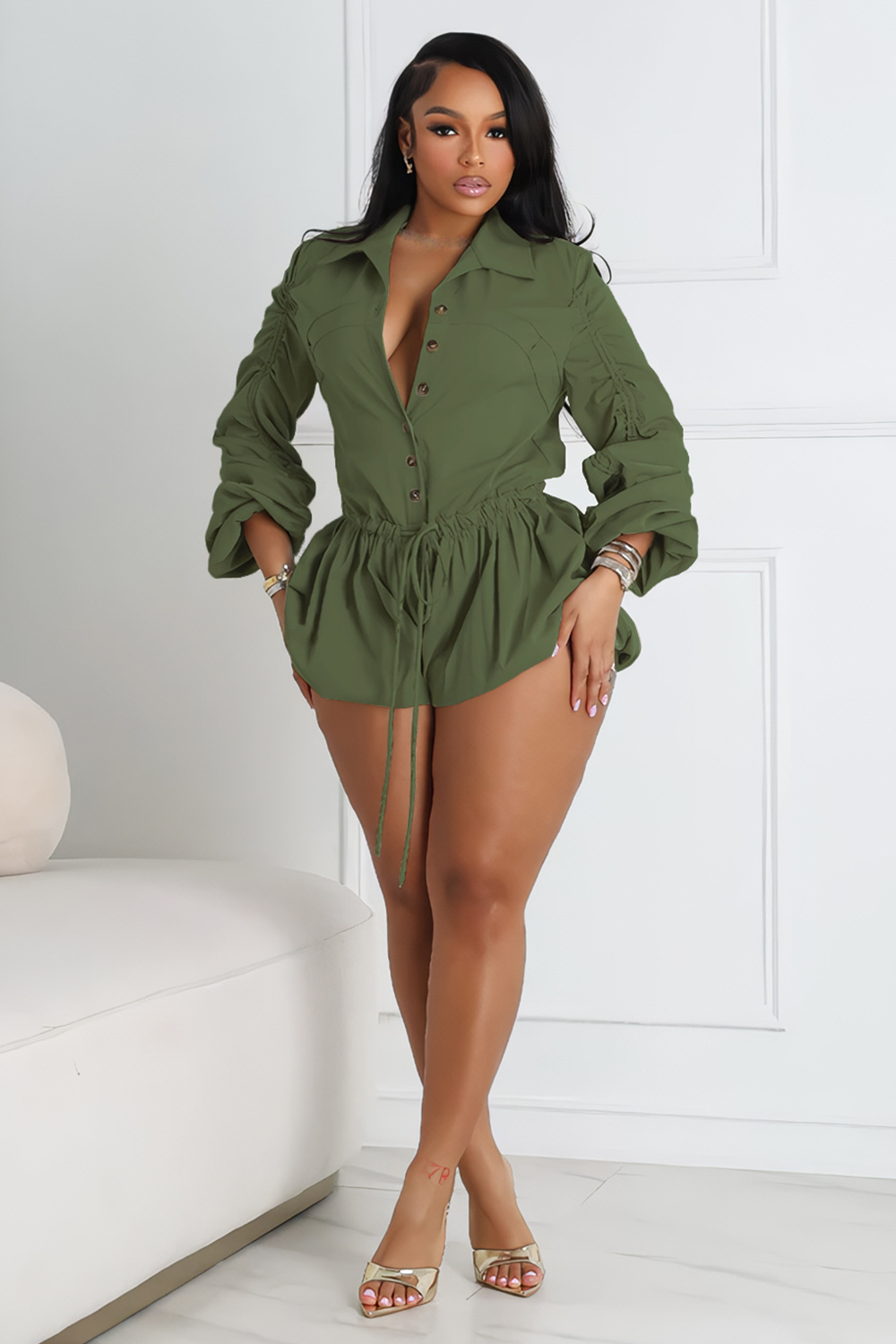 Turndown Collar Long Sleeve Button Up Tie Up Plain Playsuit Romper-Khaki