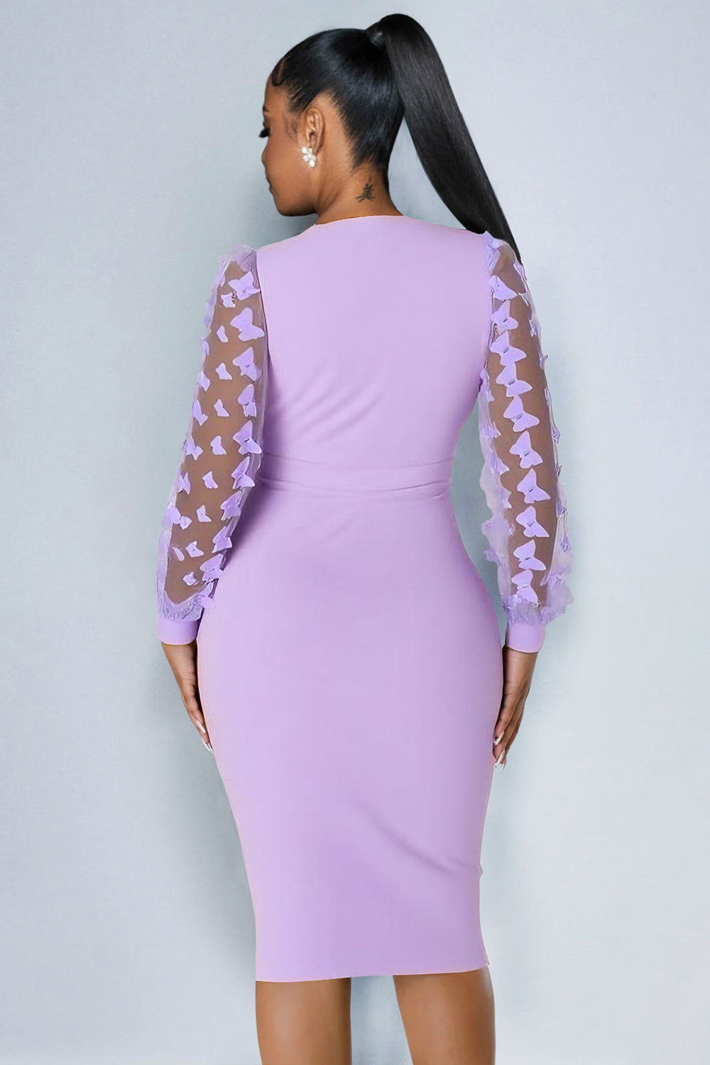 Butterflies Decor Mesh Long Sleeve V Neck Tie Up Bodycon Midi Dresses-White