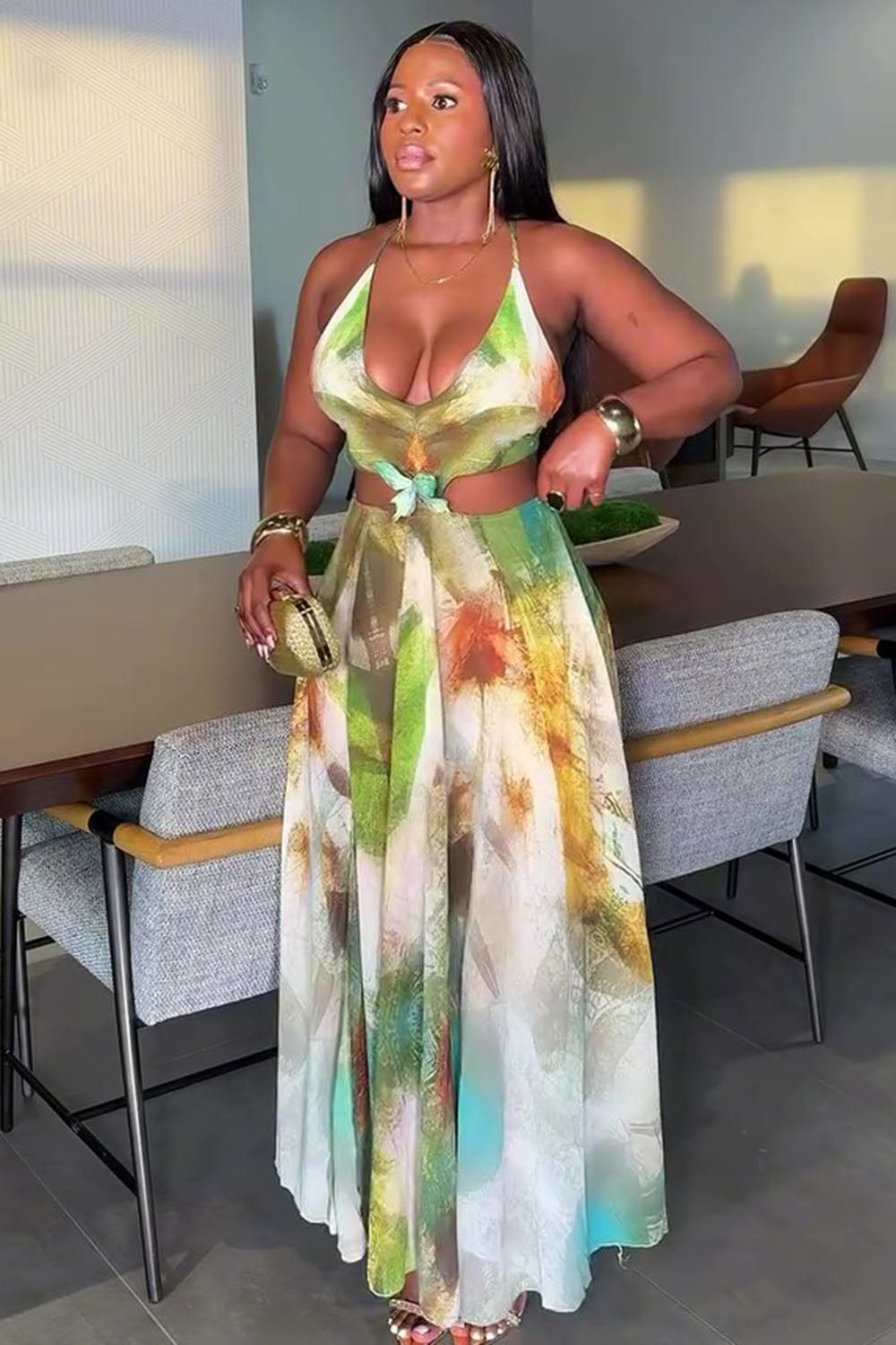 Scoop Neck Halter Cutout Print Vacation Maxi Dresses-Green [Pre Order]
