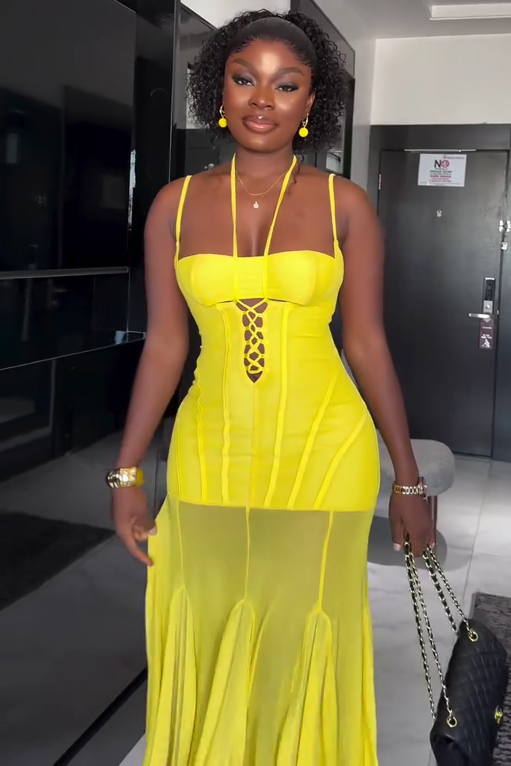 Cami Halter Lace-Up Godet Mesh Hem Party Maxi Dresses-Yellow [Pre Order]