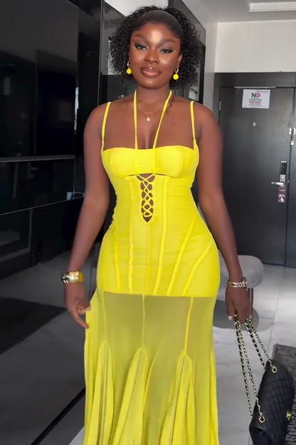 Cami Halter Lace-Up Godet Mesh Hem Party Maxi Dresses-Yellow [Pre Order]