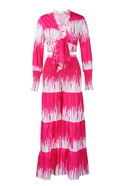 Tie Dye Print Long Sleeve Tie Up Blouse Wide Leg Pants 2pcs Set-Fuchsia