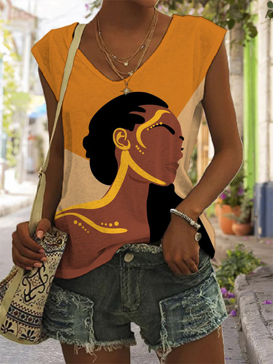 Women's Elegant African Female Silhouette Color Block Art Print V Neck Tank Top