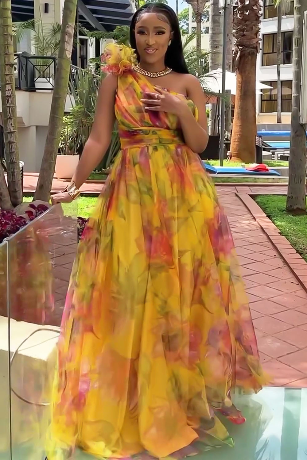 One Shoulder Rosette Floral Print Mesh Party Maxi Dresses-Fuchsia [Pre Order]