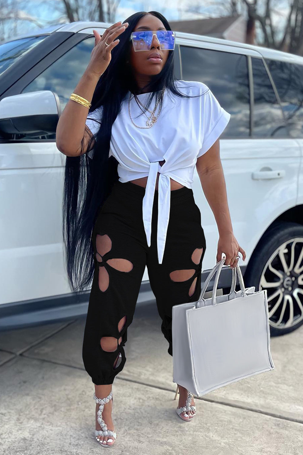 Cutout High Waist Solid Color Casual Jogger Pants-Grey