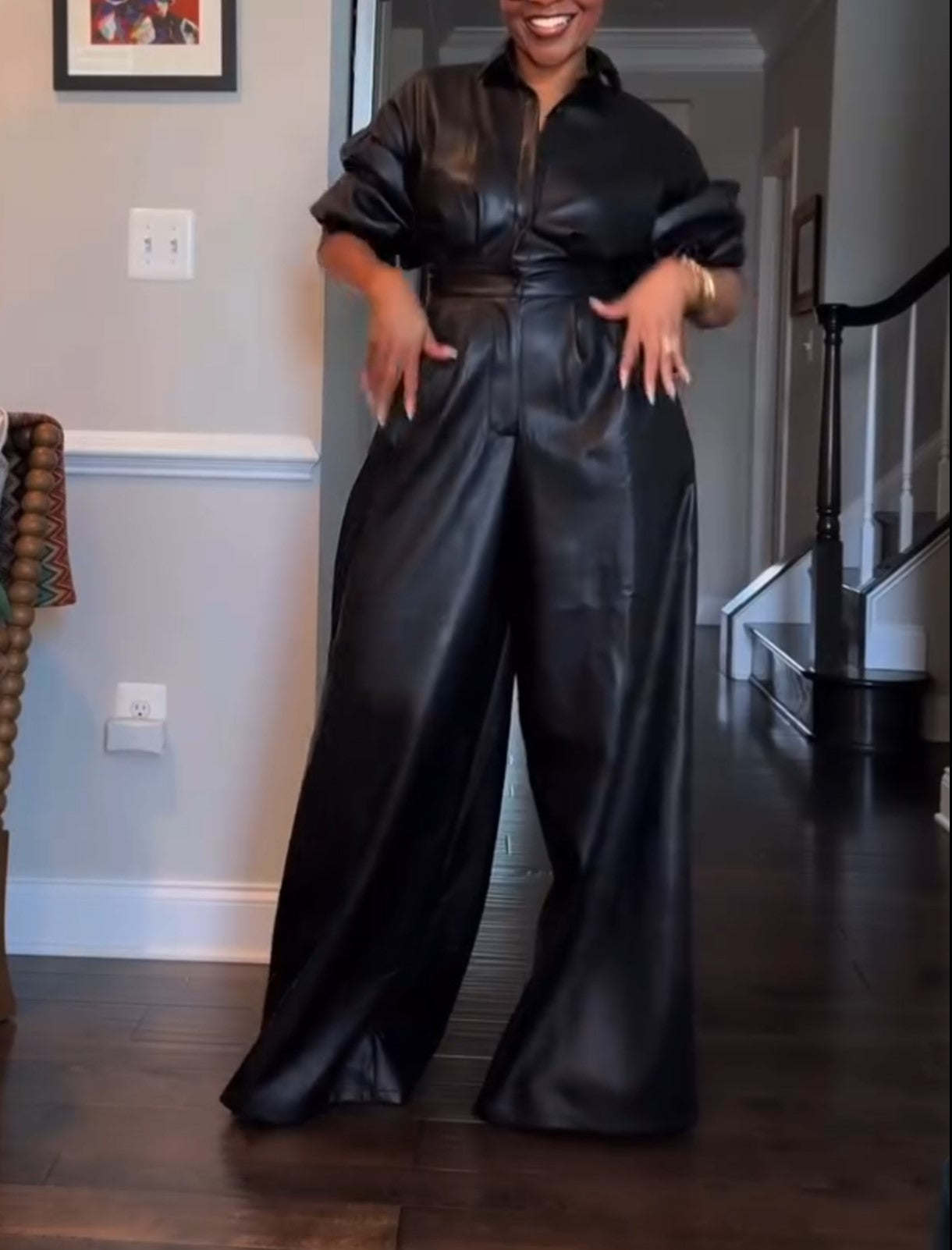 Button waist wide-leg leather jumpsuit