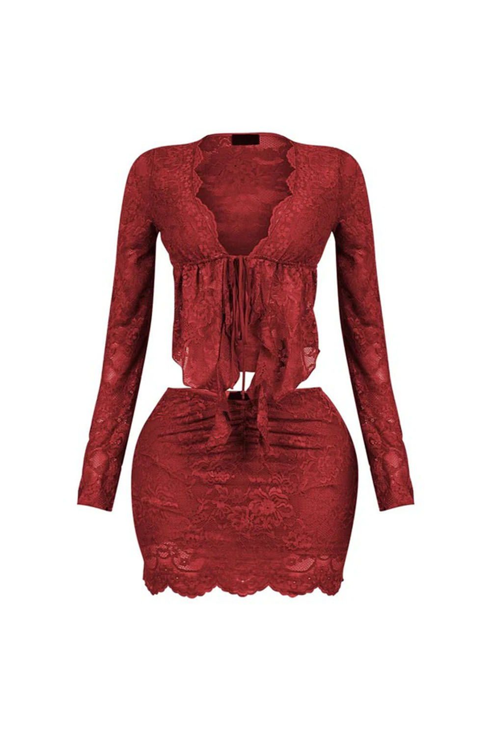 V Neck Long Sleeve Sash Cardigan Mini Skirt Lace 2pcs Set-White [Pre Order]
