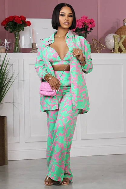 Floral Print Bra Long Sleeve Blouse Cardigan Straight Leg Pants Vacation Three-Piece Set