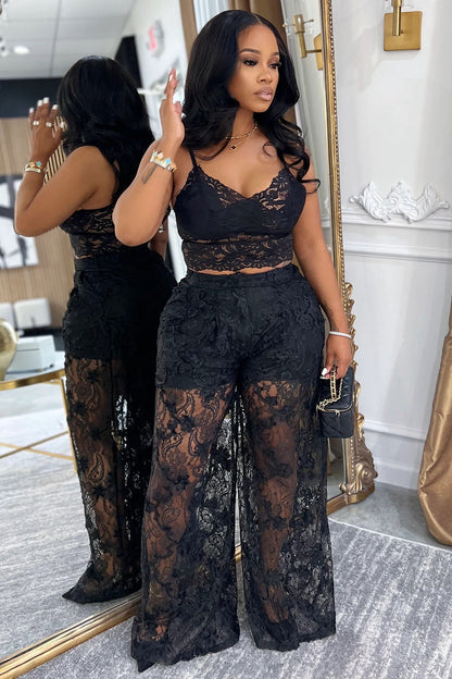 Cami Crop Top Guipure Lace Wide Leg Pants Party 2pcs Set-White [Pre Order]