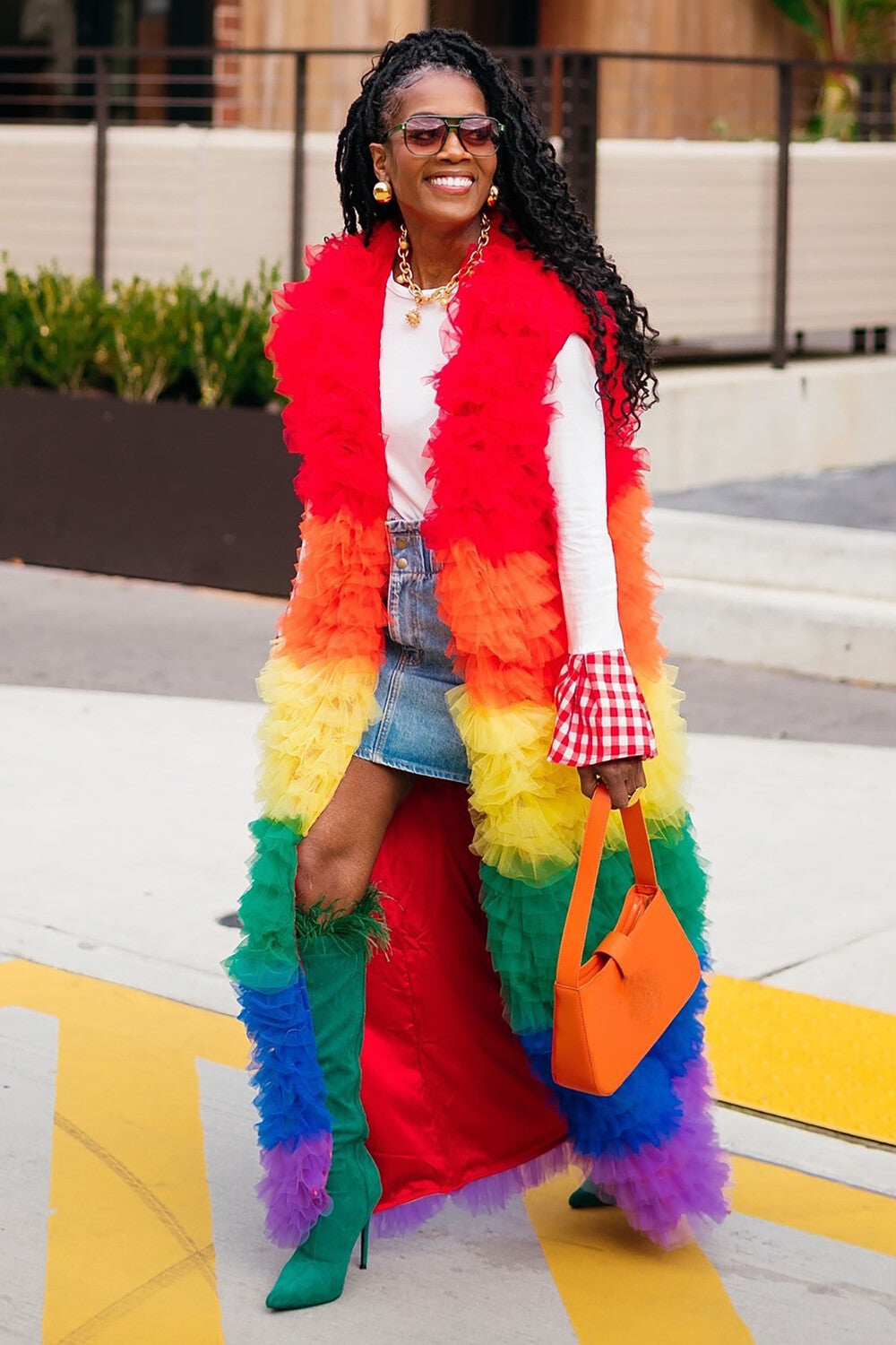 Rainbow-Colored Tulle Tiered Ruffled Sleeveless Long Vest Coat-Red [Pre Order]