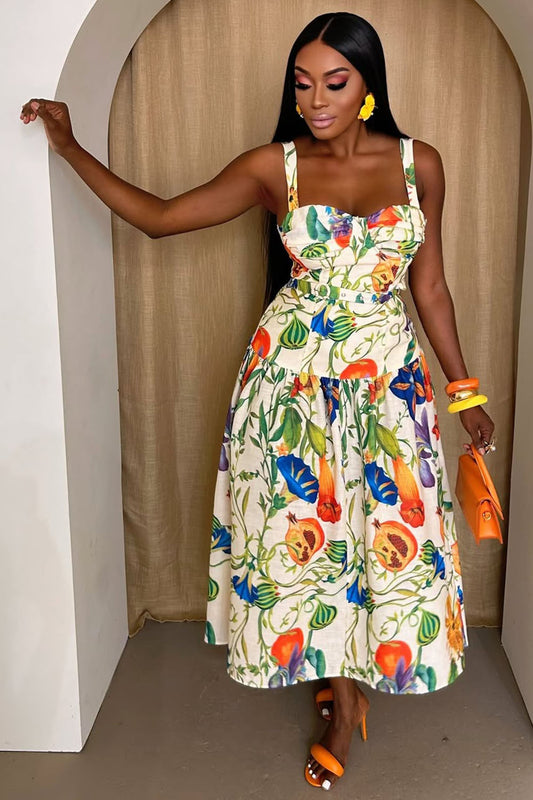 Floral Fruit Print Straps Cinched Vacation Maxi Dresses-Beige [Pre Order]