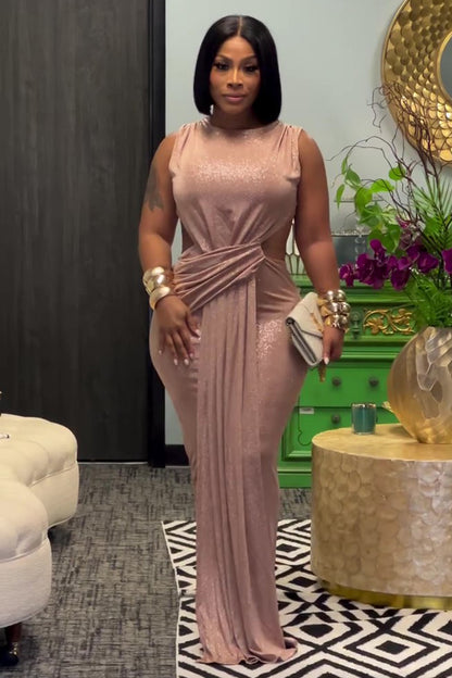 Glitter Sleeveless Sash Party Fishtail Maxi Dresses-Champagne [Pre Order]