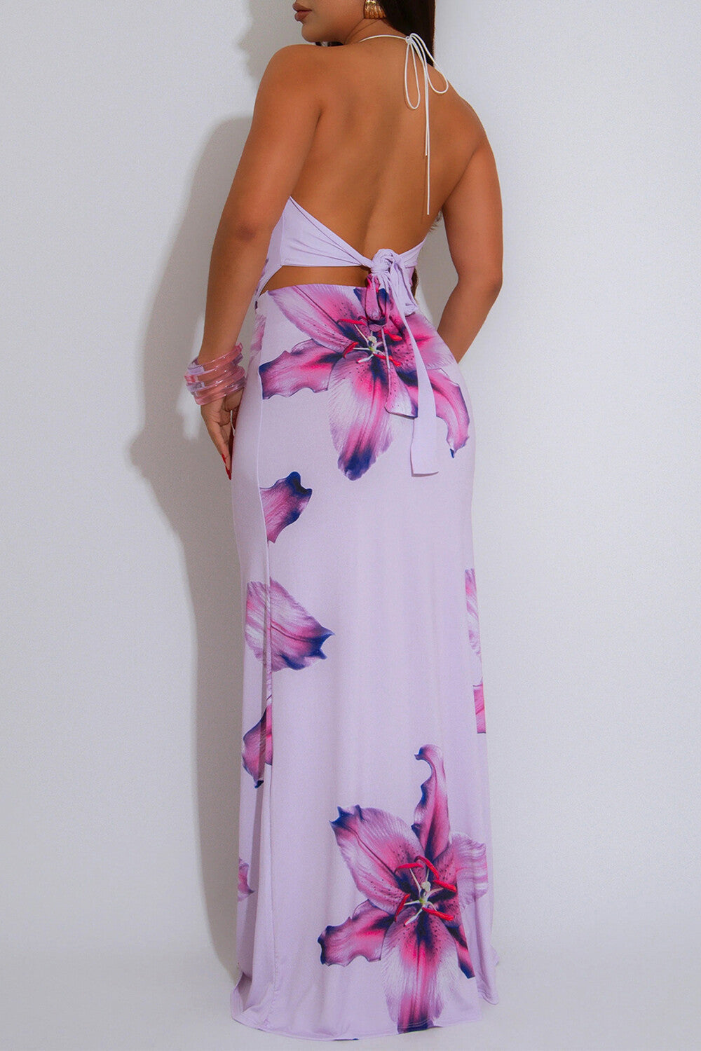 3D Flower Halter Cowl Neckline Cutout Top Fitted Maxi Skirt 2pcs Set-Purple