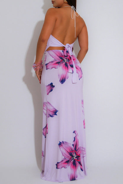 3D Flower Halter Cowl Neckline Cutout Top Fitted Maxi Skirt 2pcs Set-Purple