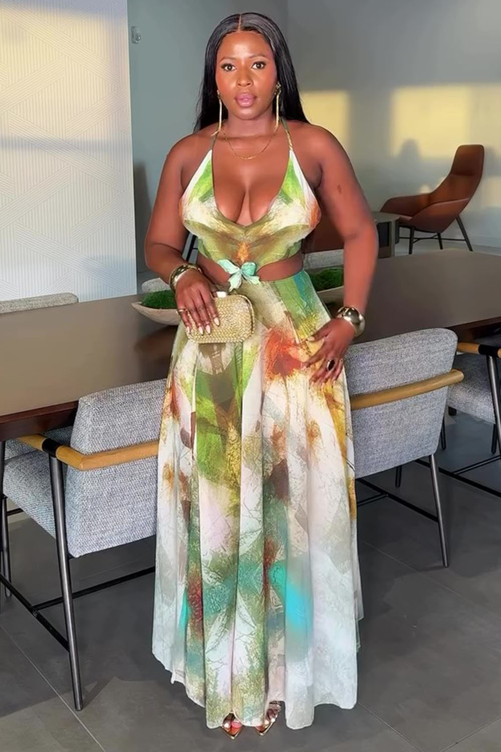 Scoop Neck Halter Cutout Print Vacation Maxi Dresses-Green [Pre Order]