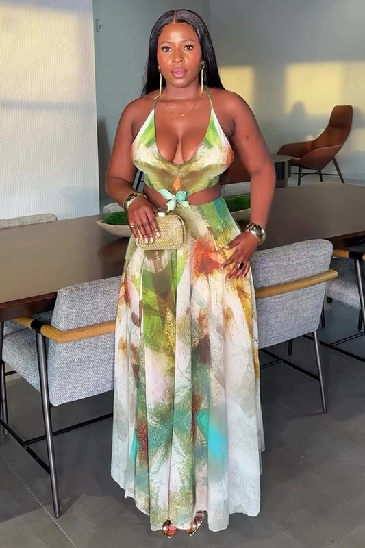 Scoop Neck Halter Cutout Print Vacation Maxi Dresses-Green [Pre Order]