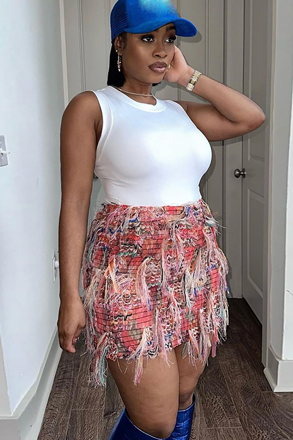 Multicolor Fringed Design Bodycon Mini Skirt-Pink