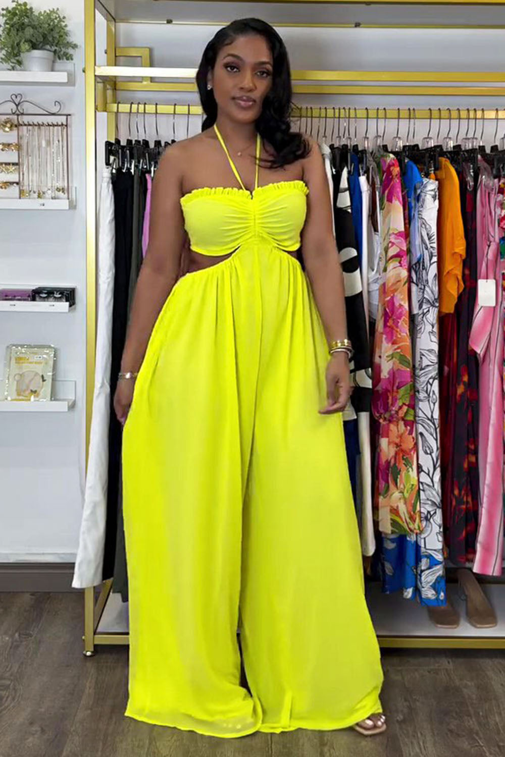 Halter Ruched Ruffle Cut Out Oversized Wide Leg Jumpsuit-Yellow [Pre Order]