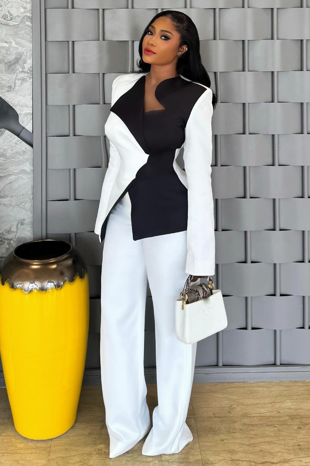 Irregular Neckline Colorblock Blazer Straight Leg Pants Set-White [Pre Order]