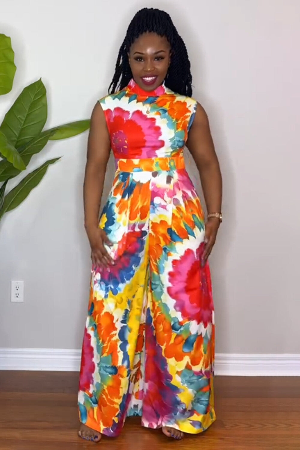 Mock Neck Vest Wide Leg Pants Tie Dye Print 2pcs Set-Multicolor