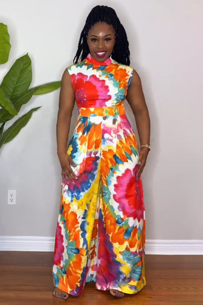 Mock Neck Vest Wide Leg Pants Tie Dye Print 2pcs Set-Multicolor