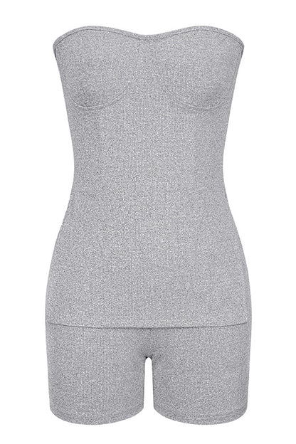 Solid Color Knit Strapless Slit Top Casual Shorts Matching Set-Grey