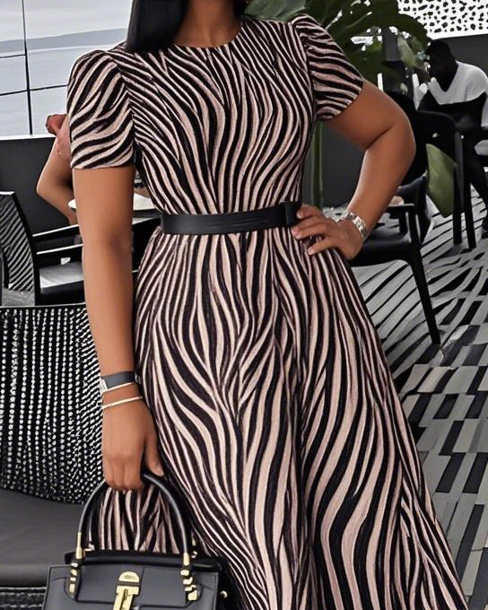 Women's Summer Elegant Round Neck Short Sleeve Zebra Pattern Print Slim Waist A-Line Maxi Dress(Without Belt)