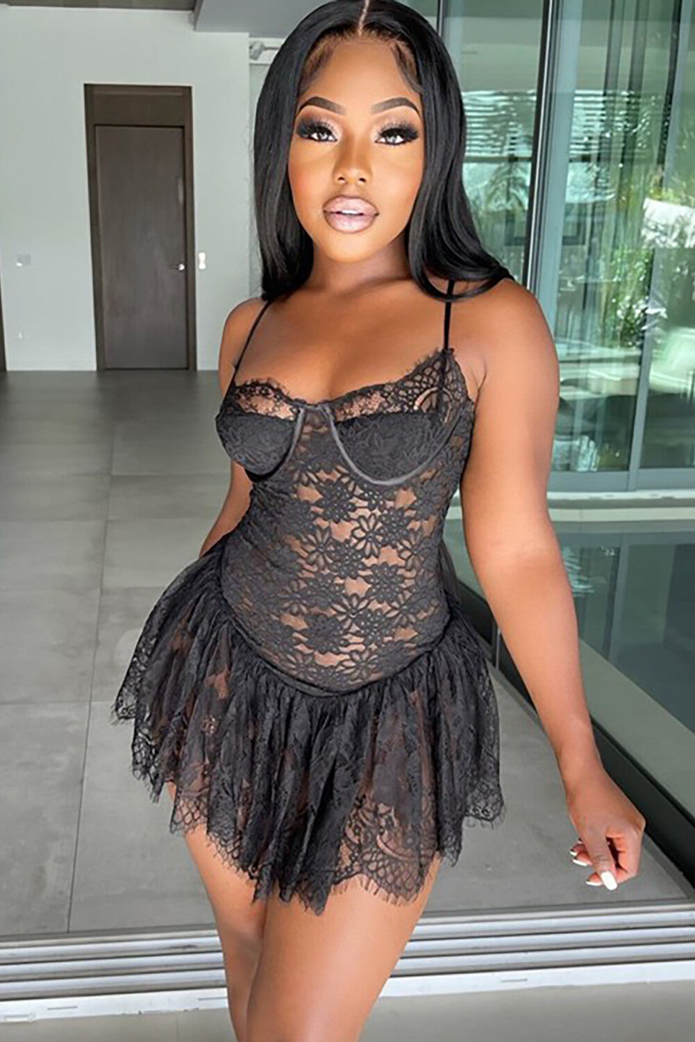 Floral Lace Cinch Waist See Through Slip Mini Dresses-Black