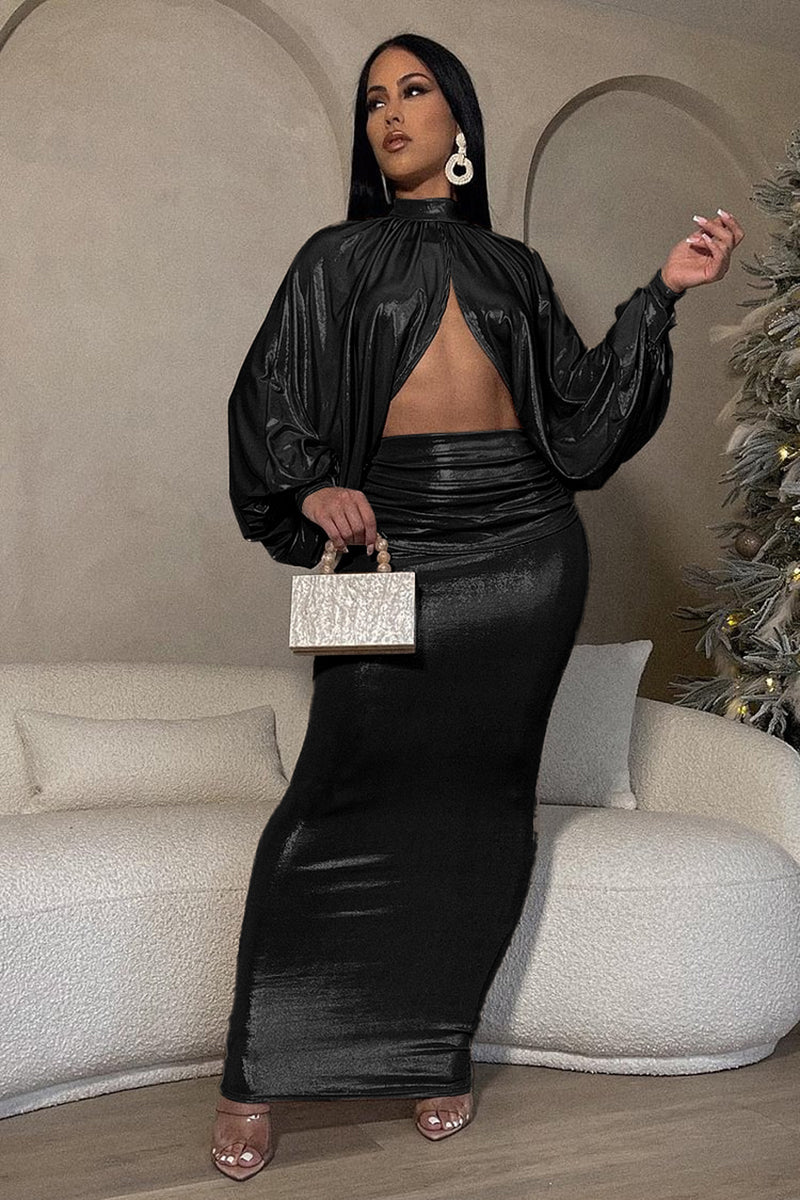 High Neck Long Lantern Sleeve Irregular Hem Top Ruched Maxi Skirt Bronzing Party Matching Set